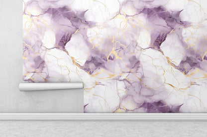 Removable Wallpaper, White, Gold and Purple Marble - Peel & Stick, Reusable, Self Adhesive, 26" Panels, Easy Install, Seamless