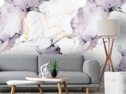 Removable Wallpaper, White, Purple and Gold Marble - Peel & Stick, Reusable, Self Adhesive, 26" Panels, Easy Install, Seamless