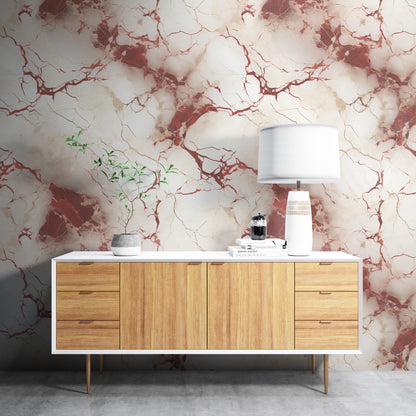 Removable Wallpaper, White and Red Marble - Peel & Stick, Reusable, Self Adhesive, 26" Panels, Easy Install, Seamless