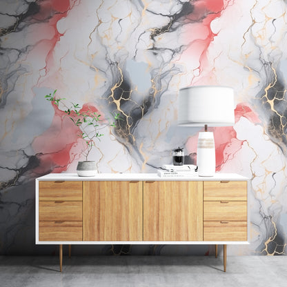 Removable Wallpaper, Black, Blue and Red Marble - Peel & Stick, Reusable, Self Adhesive, 26" Panels, Easy Install, Seamless