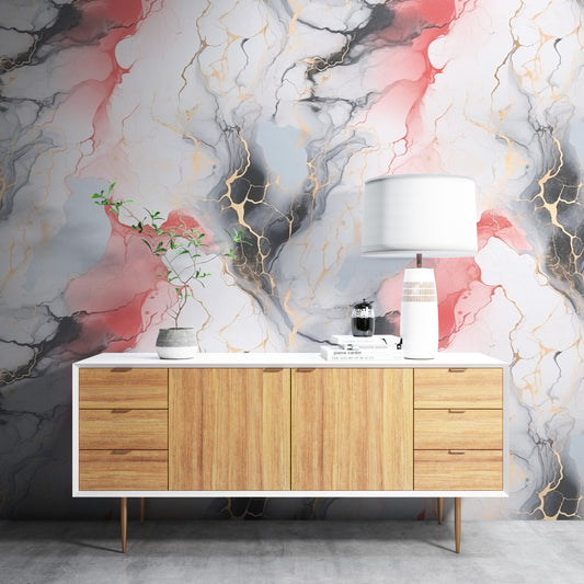 Removable Wallpaper, Black, Blue and Red Marble - Peel & Stick, Reusable, Self Adhesive, 26" Panels, Easy Install, Seamless