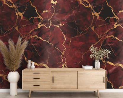 Removable Wallpaper, Gold and Red Marble - Peel & Stick, Reusable, Self Adhesive, 26" Panels, Easy Install, Seamless