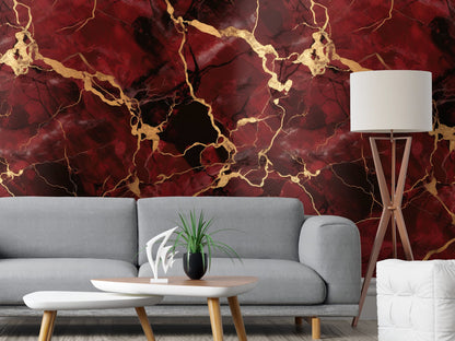 Removable Wallpaper, Gold and Red Marble - Peel & Stick, Reusable, Self Adhesive, 26" Panels, Easy Install, Seamless