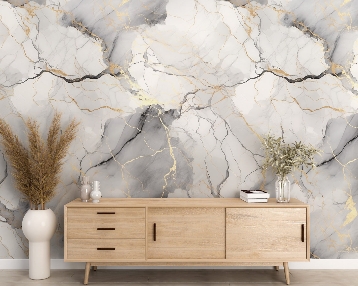 Removable Wallpaper, White Marble Design Gray and Gold Marble - Peel & Stick, Reusable, Self Adhesive, 26" Panels, Easy Install, Seamless