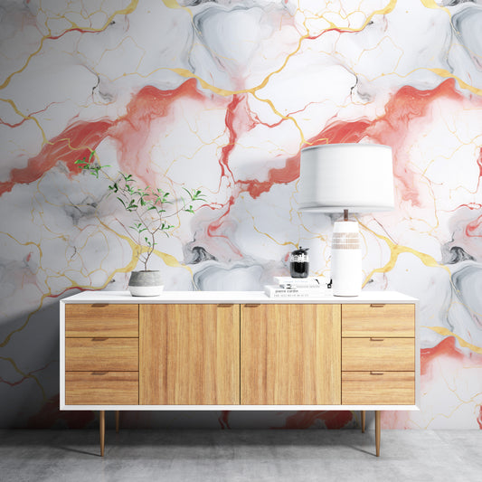 Removable Wallpaper, White Marble Design Red and Yellow Marble - Peel & Stick, Reusable, Self Adhesive, 26" Panels, Easy Install, Seamless