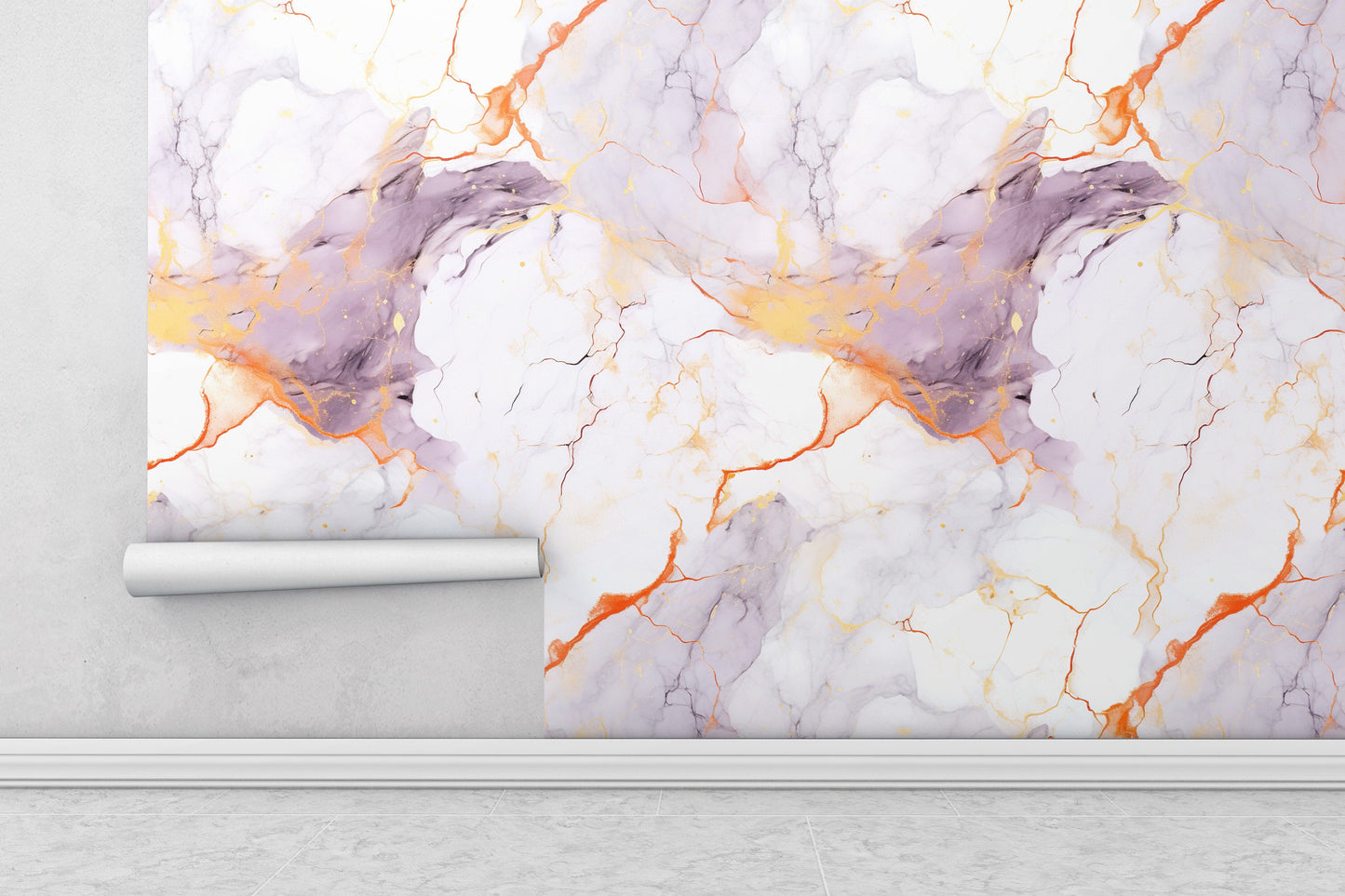 Removable Wallpaper, White Marble Orange and Purple Design - Peel & Stick, Reusable, Self Adhesive, 26" Panels, Easy Install, Seamless