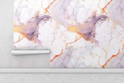 Removable Wallpaper, White Marble Orange and Purple Design - Peel & Stick, Reusable, Self Adhesive, 26" Panels, Easy Install, Seamless