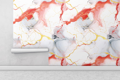 Removable Wallpaper, White Marble Design Red and Yellow Marble - Peel & Stick, Reusable, Self Adhesive, 26" Panels, Easy Install, Seamless