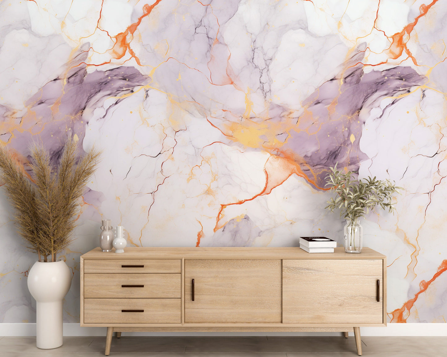 Removable Wallpaper, White Marble Orange and Purple Design - Peel & Stick, Reusable, Self Adhesive, 26" Panels, Easy Install, Seamless