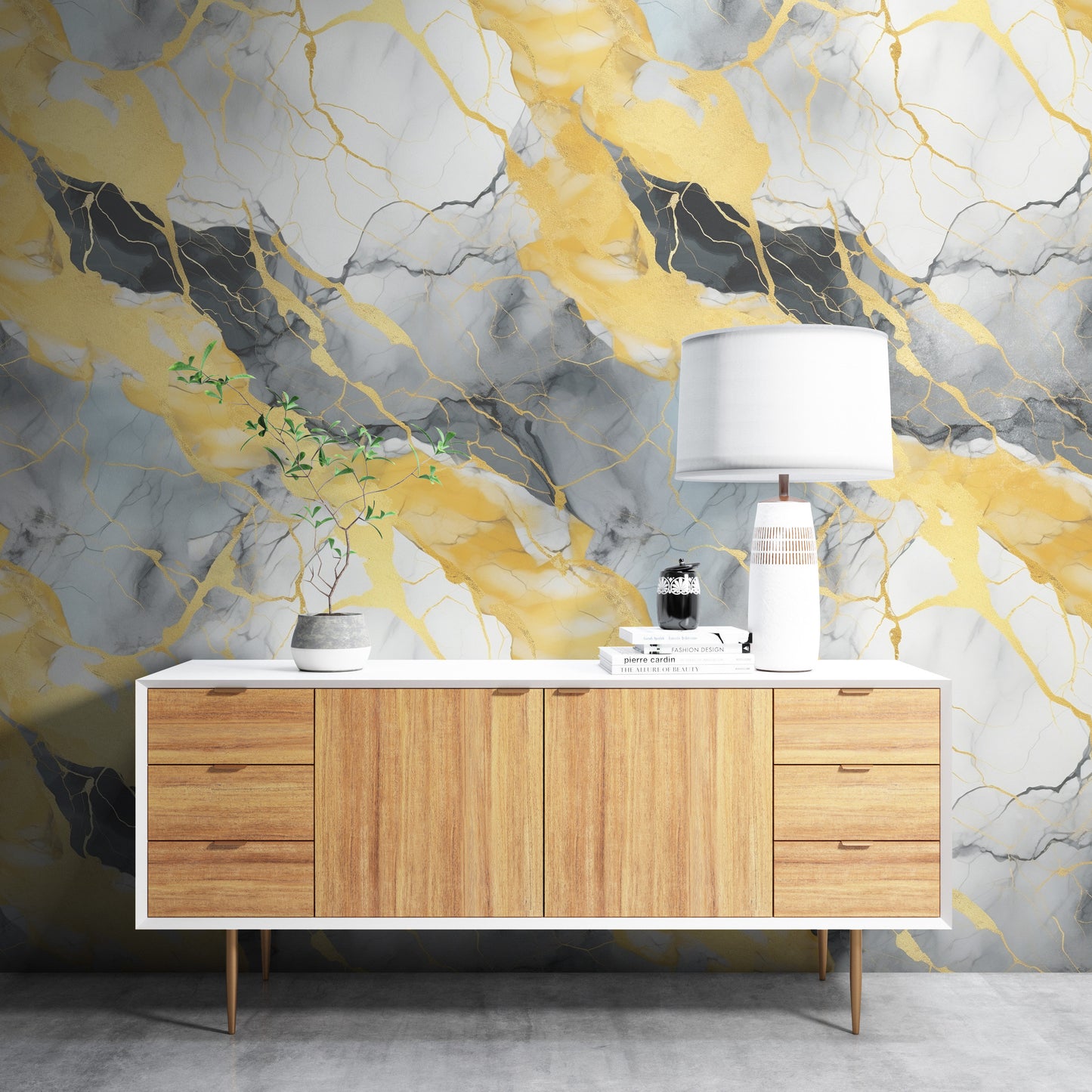 Removable Wallpaper, Black and Yellow Marble - Peel & Stick, Reusable, Self Adhesive, 26" Panels, Easy Install, Seamless