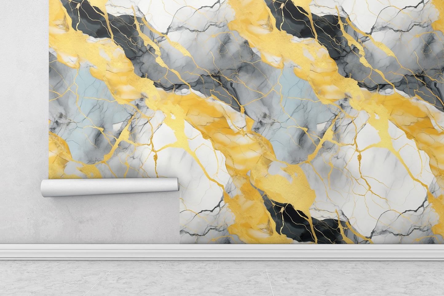 Removable Wallpaper, Black and Yellow Marble - Peel & Stick, Reusable, Self Adhesive, 26" Panels, Easy Install, Seamless