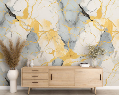 Removable Wallpaper, Yellow and Blue Marble - Peel & Stick, Reusable, Self Adhesive, 26" Panels, Easy Install, Seamless