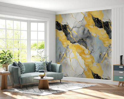 Removable Wallpaper, Black and Yellow Marble - Peel & Stick, Reusable, Self Adhesive, 26" Panels, Easy Install, Seamless