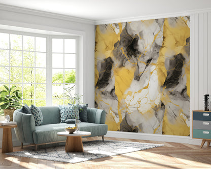 Removable Wallpaper, Yellow and Black Marble - Peel & Stick, Reusable, Self Adhesive, 26" Panels, Easy Install, Seamless