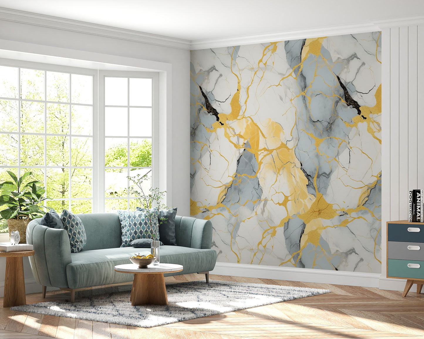 Removable Wallpaper, Yellow and Blue Marble - Peel & Stick, Reusable, Self Adhesive, 26" Panels, Easy Install, Seamless