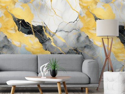 Removable Wallpaper, Black and Yellow Marble - Peel & Stick, Reusable, Self Adhesive, 26" Panels, Easy Install, Seamless