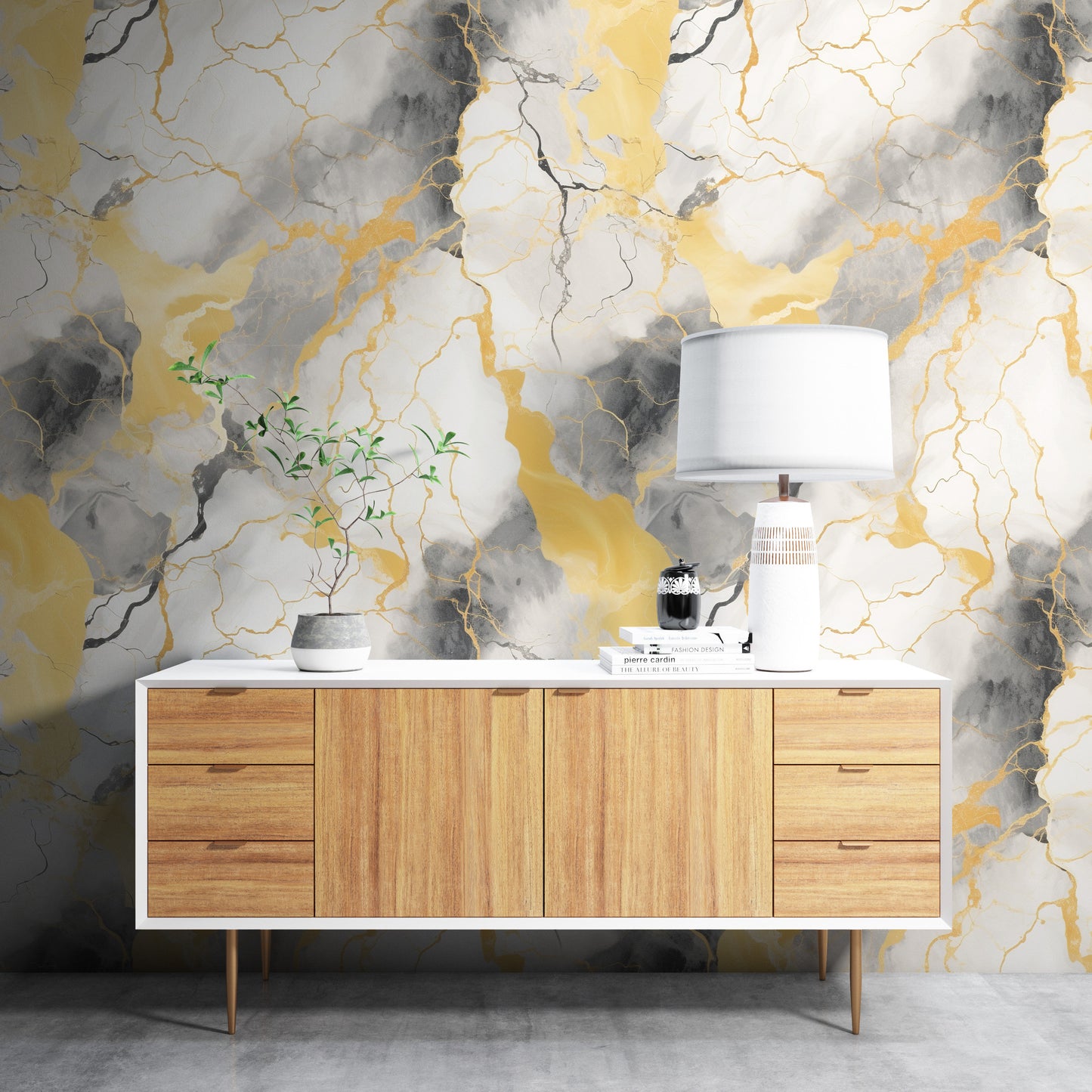 Removable Wallpaper, Black, Yellow and White Marble - Peel & Stick, Reusable, Self Adhesive, 26" Panels, Easy Install, Seamless