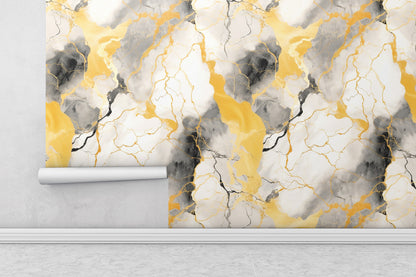 Removable Wallpaper, Black, Yellow and White Marble - Peel & Stick, Reusable, Self Adhesive, 26" Panels, Easy Install, Seamless