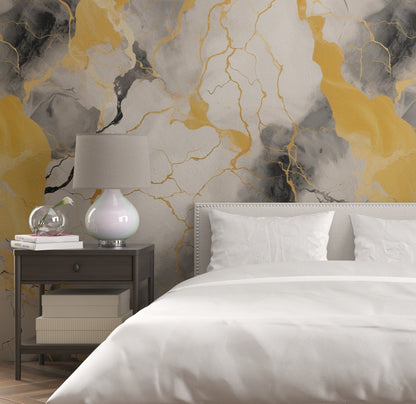 Removable Wallpaper, Black, Yellow and White Marble - Peel & Stick, Reusable, Self Adhesive, 26" Panels, Easy Install, Seamless