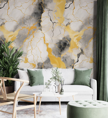 Removable Wallpaper, Black, Yellow and White Marble - Peel & Stick, Reusable, Self Adhesive, 26" Panels, Easy Install, Seamless