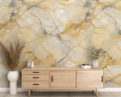 Removable Wallpaper, Yellow and Gray Marble - Peel & Stick, Reusable, Self Adhesive, 26" Panels, Easy Install, Seamless