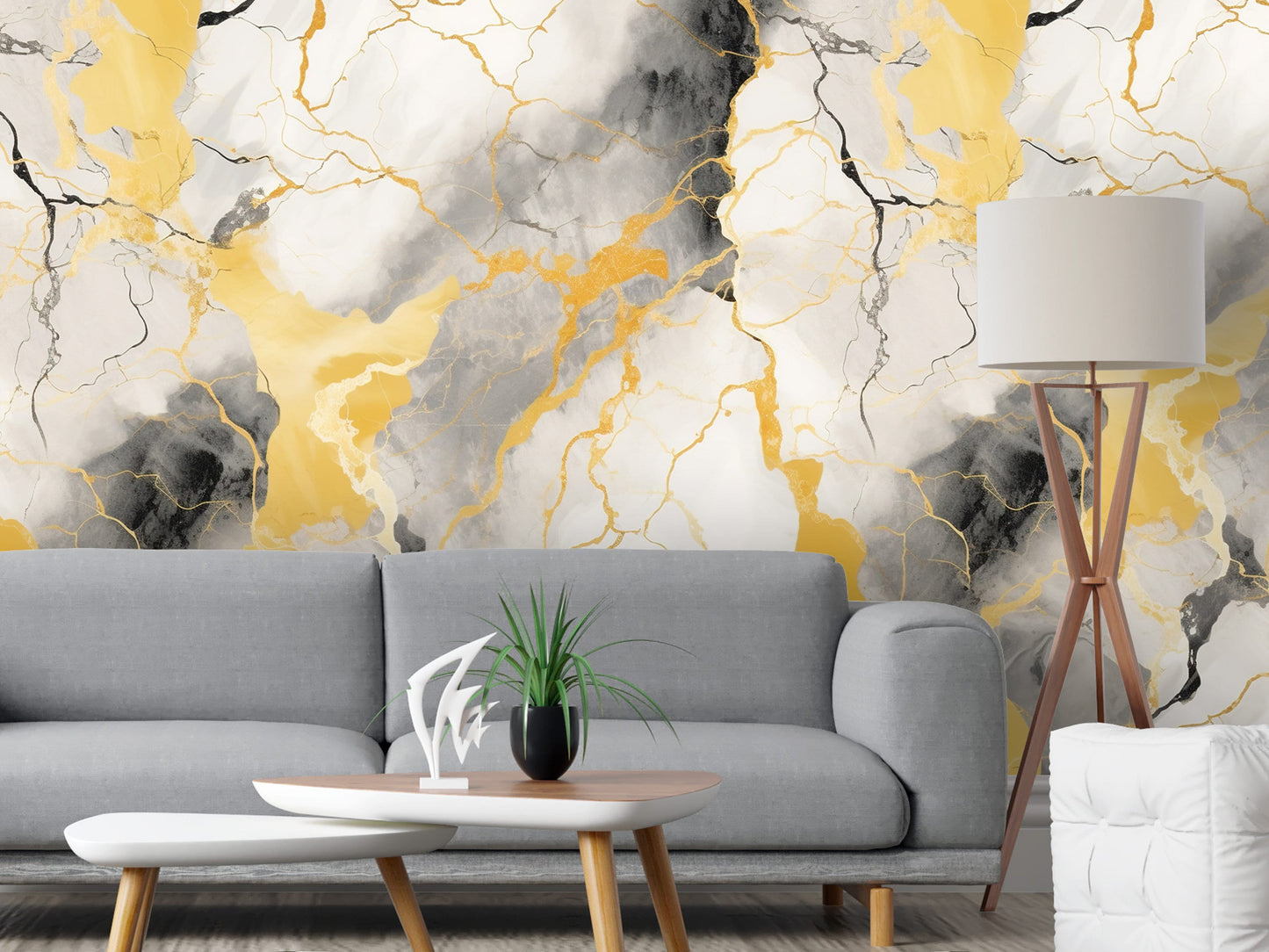 Removable Wallpaper, Black, Yellow and White Marble - Peel & Stick, Reusable, Self Adhesive, 26" Panels, Easy Install, Seamless