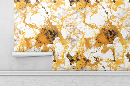 Removable Wallpaper, Yellow and Orange Marble - Peel & Stick, Reusable, Self Adhesive, 26" Panels, Easy Install, Seamless