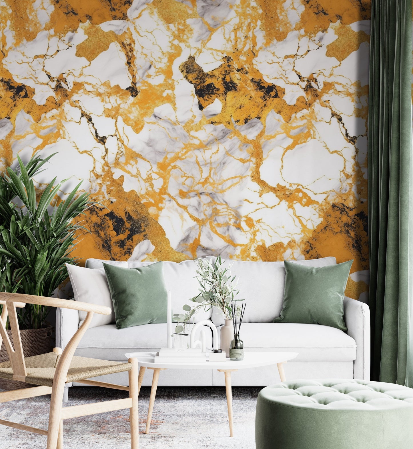 Removable Wallpaper, Yellow and Orange Marble - Peel & Stick, Reusable, Self Adhesive, 26" Panels, Easy Install, Seamless