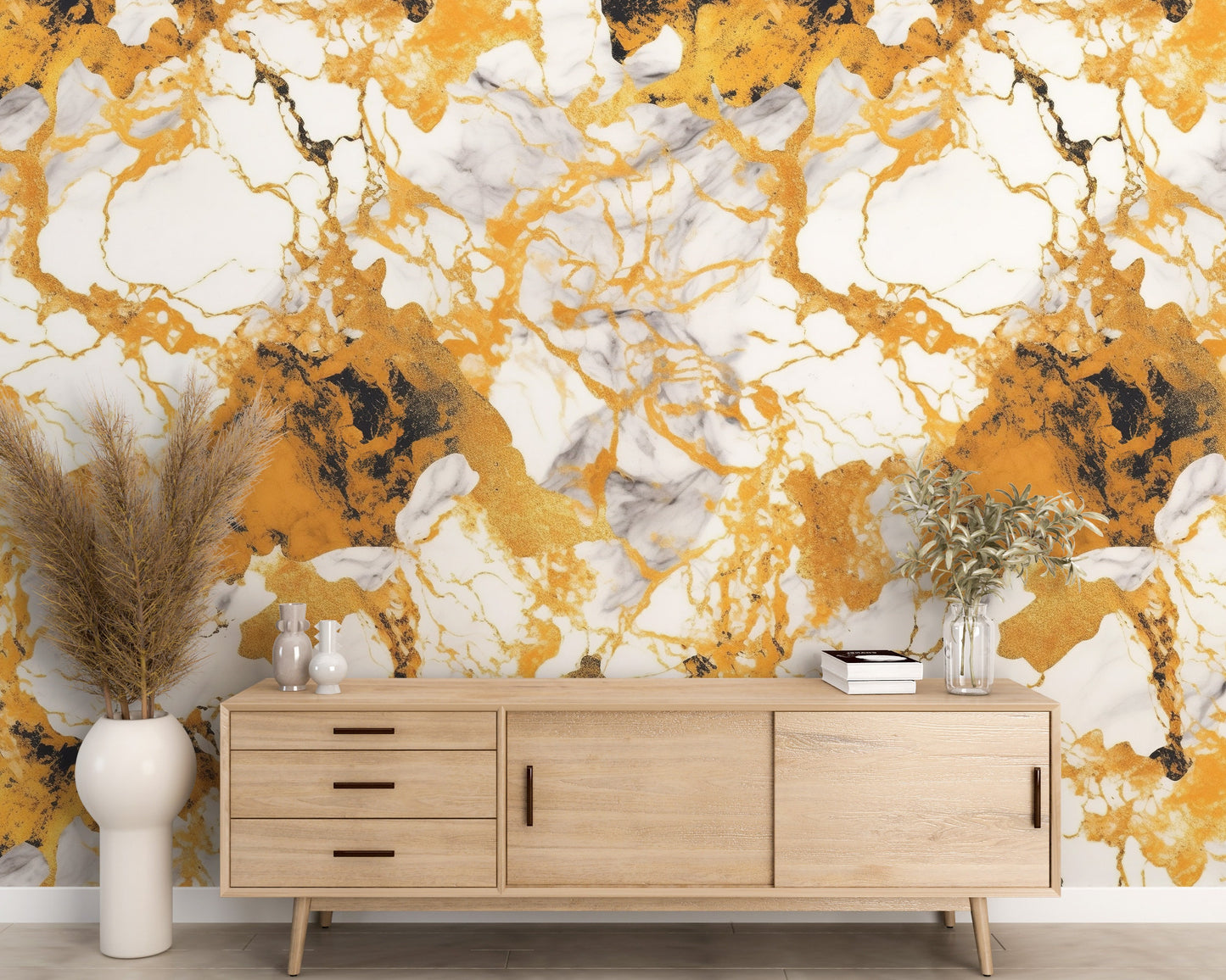 Removable Wallpaper, Yellow and Orange Marble - Peel & Stick, Reusable, Self Adhesive, 26" Panels, Easy Install, Seamless