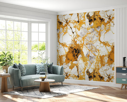 Removable Wallpaper, Yellow and Orange Marble - Peel & Stick, Reusable, Self Adhesive, 26" Panels, Easy Install, Seamless