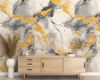 Removable Wallpaper, Gray and Yellow Marble - Peel & Stick, Reusable, Self Adhesive, 26" Panels, Easy Install, Seamless