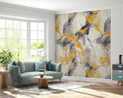 Removable Wallpaper, Gray and Yellow Marble - Peel & Stick, Reusable, Self Adhesive, 26" Panels, Easy Install, Seamless