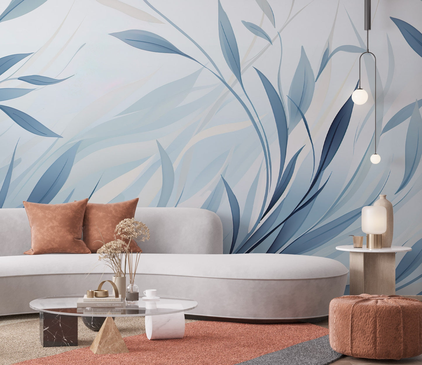 Removable Wallpaper, Custom Wall Size, Wall Decor Blue Leaves Peel & Stick Wall Mural, 24/48" Panel Cut, Reusable, Self Adhesive