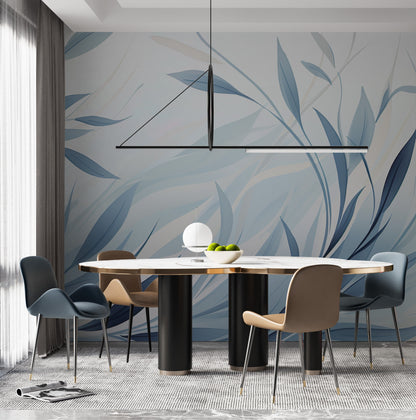 Removable Wallpaper, Custom Wall Size, Wall Decor Blue Leaves Peel & Stick Wall Mural, 24/48" Panel Cut, Reusable, Self Adhesive