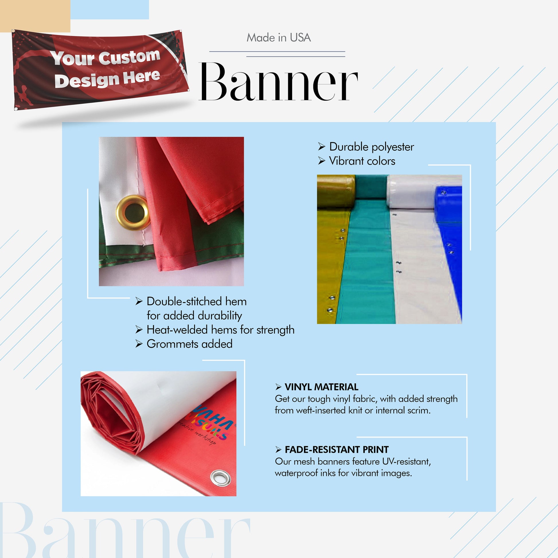 a brochure for a custom design here banner