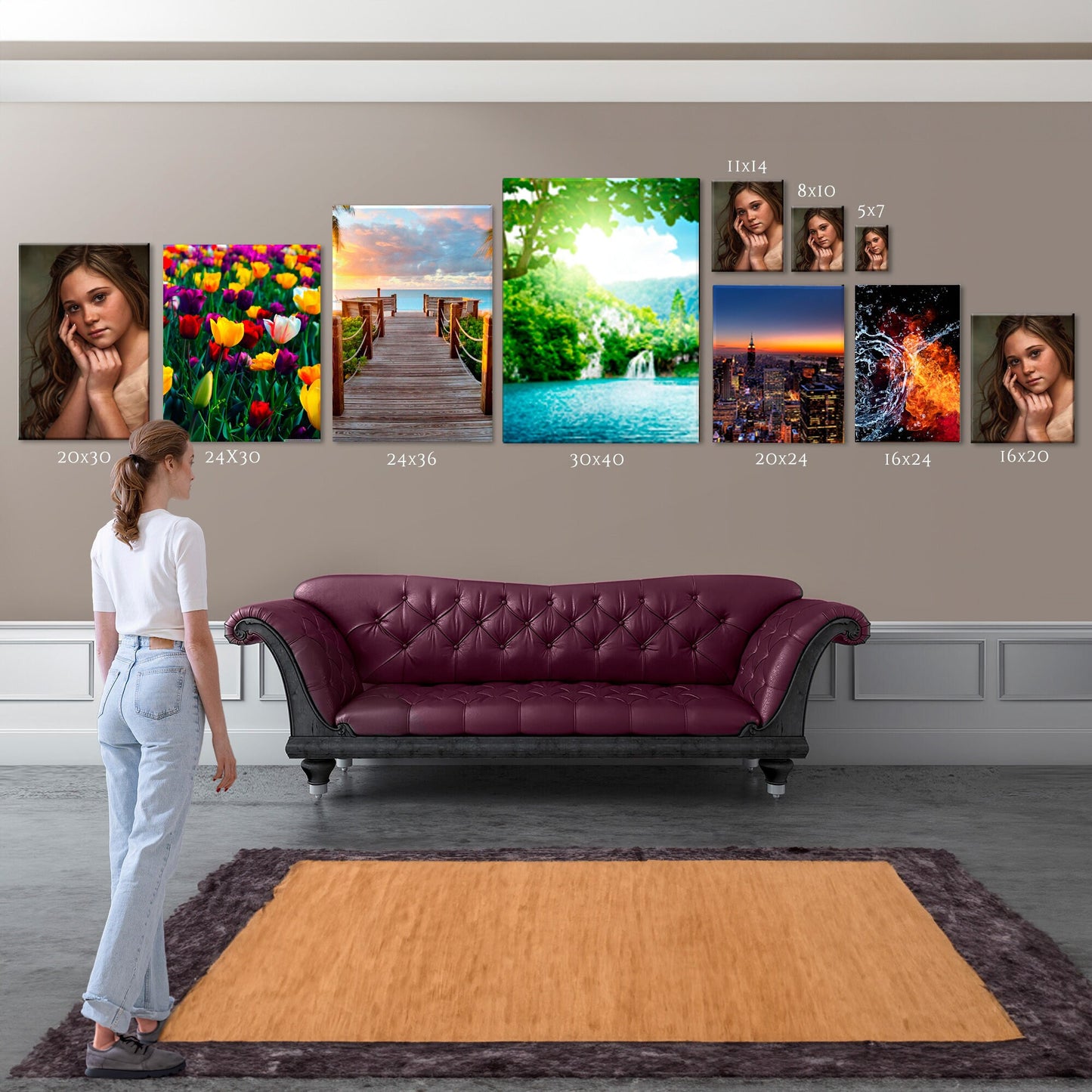 a woman standing in front of a couch in a living room