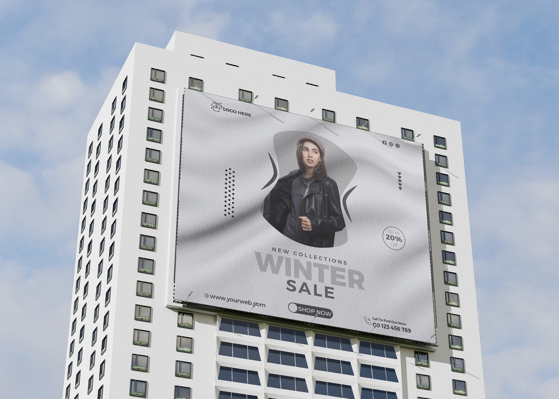 a billboard on the side of a building advertising a winter sale